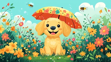 可爱金毛犬撑伞花丛中