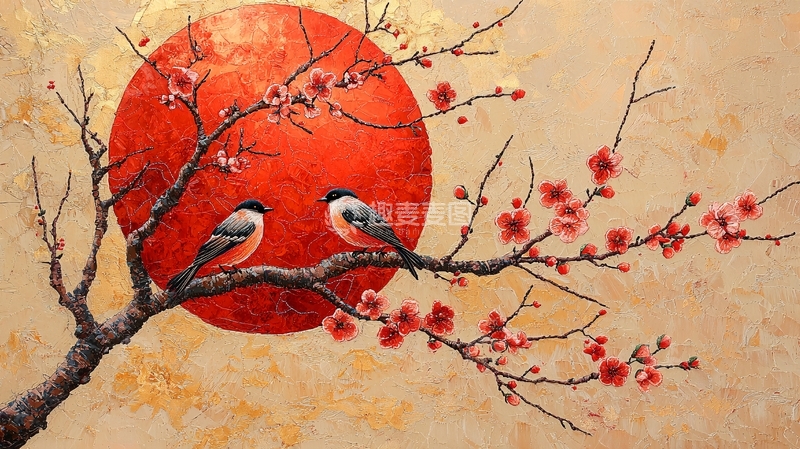 高清大图下载【趣麦麦图】红日枝头鸟语花香