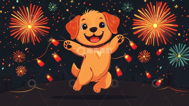 高清大图下载【趣麦麦图】小狗庆祝新年放烟花