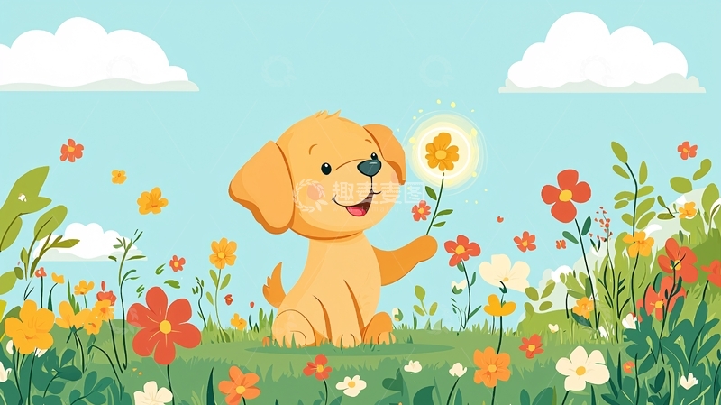 高清大图下载【趣麦麦图】小狗与花朵的卡通插画