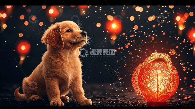 高清大图下载【趣麦麦图】金毛幼犬看灯笼