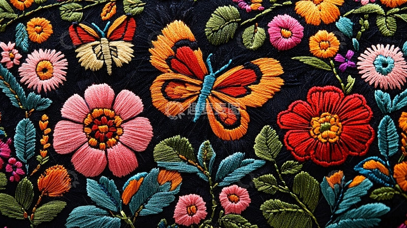 高清大图下载【趣麦麦图】暗黑系刺绣花卉蝴蝶图案