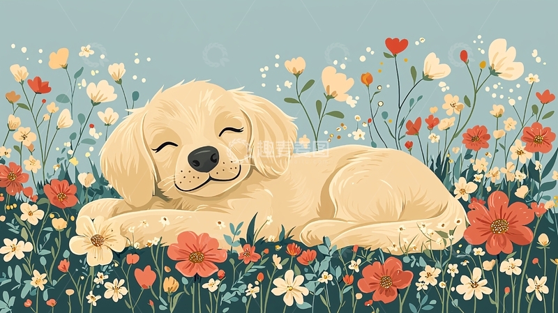 高清大图下载【趣麦麦图】金毛幼犬花丛中酣睡