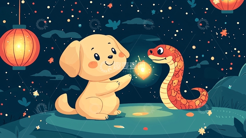 高清大图下载【趣麦麦图】小狗和小蛇的夜间故事