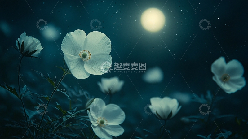高清大图下载【趣麦麦图】月光下盛开的白色花朵
