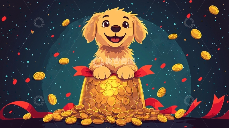 高清大图下载【趣麦麦图】金毛犬抱着金币