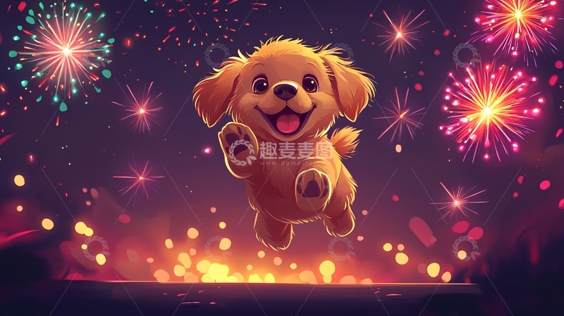 高清大图下载【趣麦麦图】烟花下的金毛幼犬