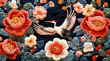 暗色背景上的花鸟刺绣