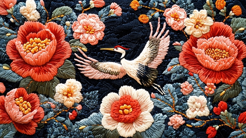 高清大图下载【趣麦麦图】暗色背景上的花鸟刺绣