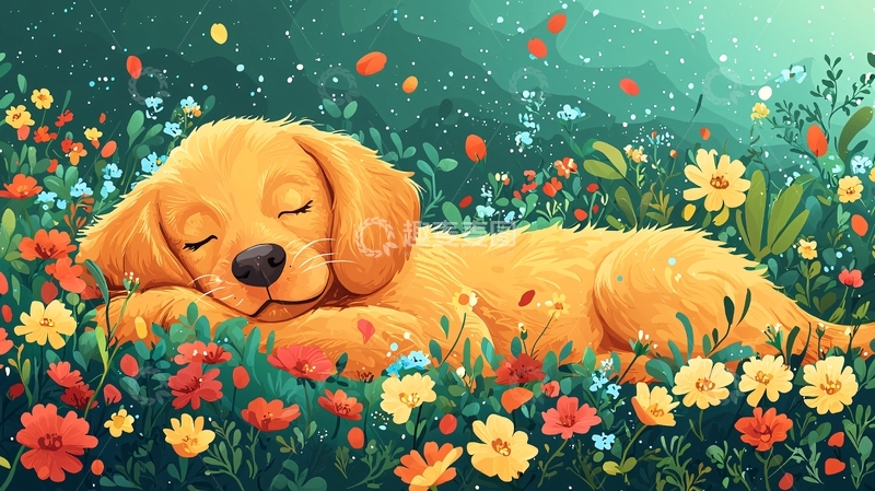 高清大图下载【趣麦麦图】小狗在花丛中睡觉