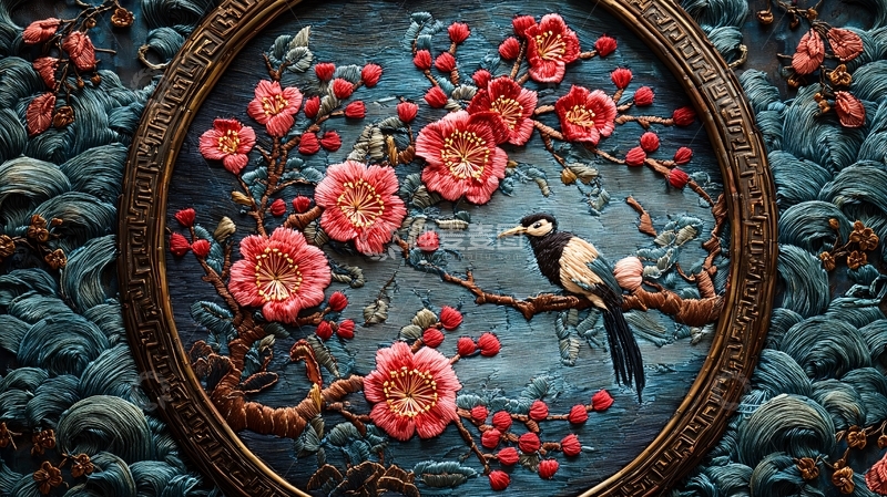 高清大图下载【趣麦麦图】精美刺绣圆形挂画