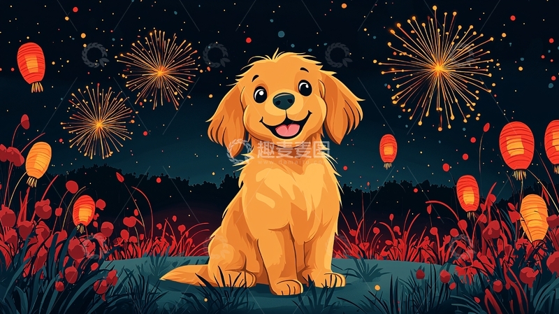 高清大图下载【趣麦麦图】金毛幼犬新年烟花