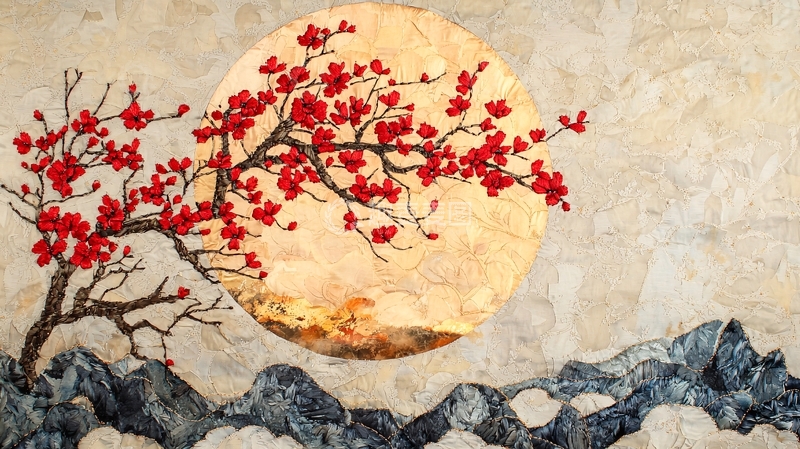 高清大图下载【趣麦麦图】红梅月夜山峦图