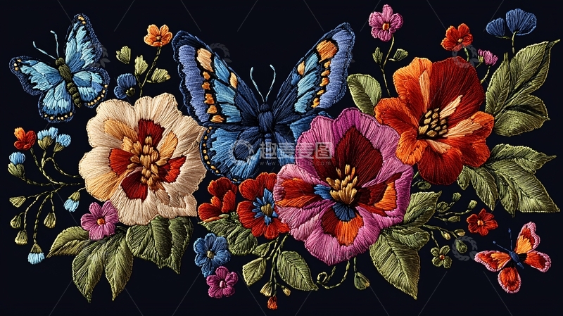 高清大图下载【趣麦麦图】精美刺绣花卉蝴蝶图案