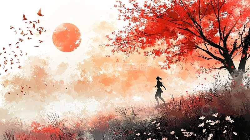 高清大图下载【趣麦麦图】红日落日女子剪影树林