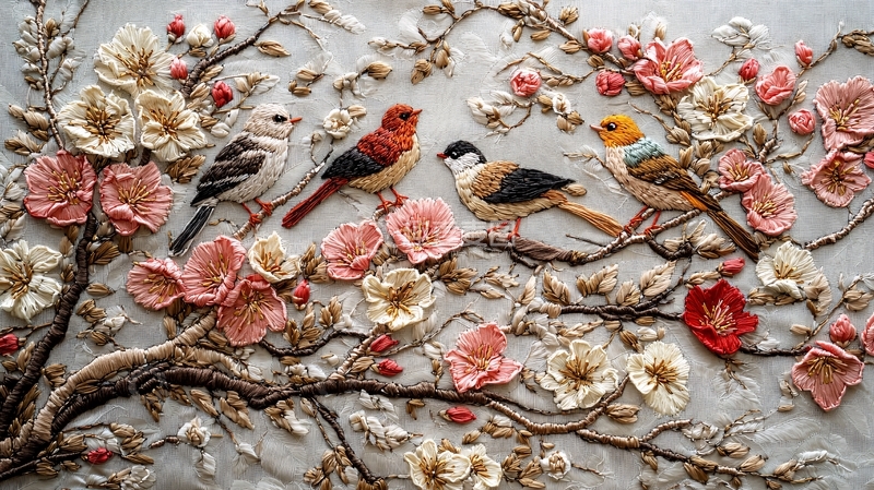 高清大图下载【趣麦麦图】立体绣花鸟