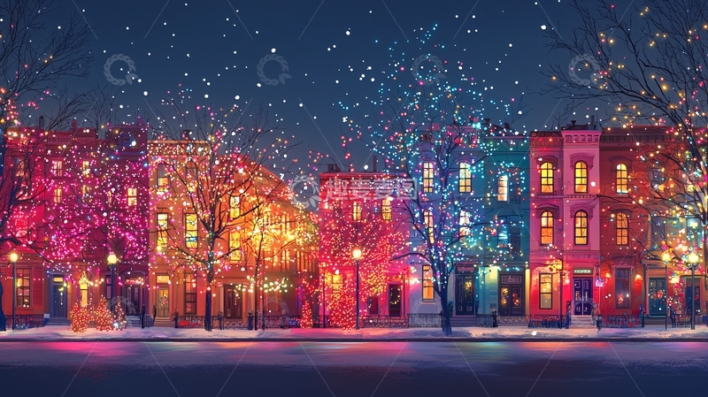 高清大图下载【趣麦麦图】彩灯装饰的冬夜街道