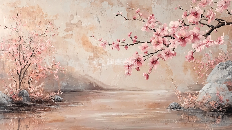 高清大图下载【趣麦麦图】粉色樱花湖景油画