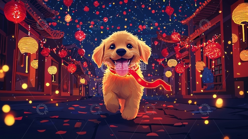 高清大图下载【趣麦麦图】可爱金毛小狗夜景
