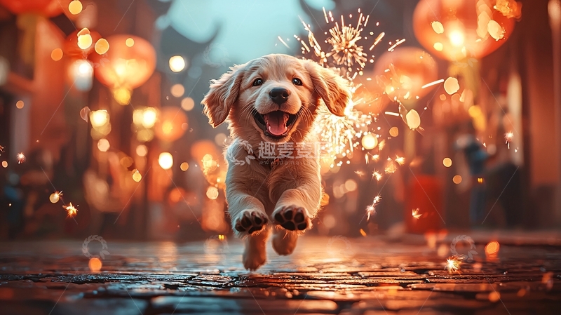 高清大图下载【趣麦麦图】金毛幼犬奔跑新年灯笼