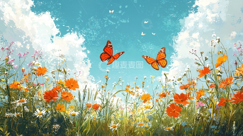 高清大图下载【趣麦麦图】蓝天白云下飞舞的蝴蝶