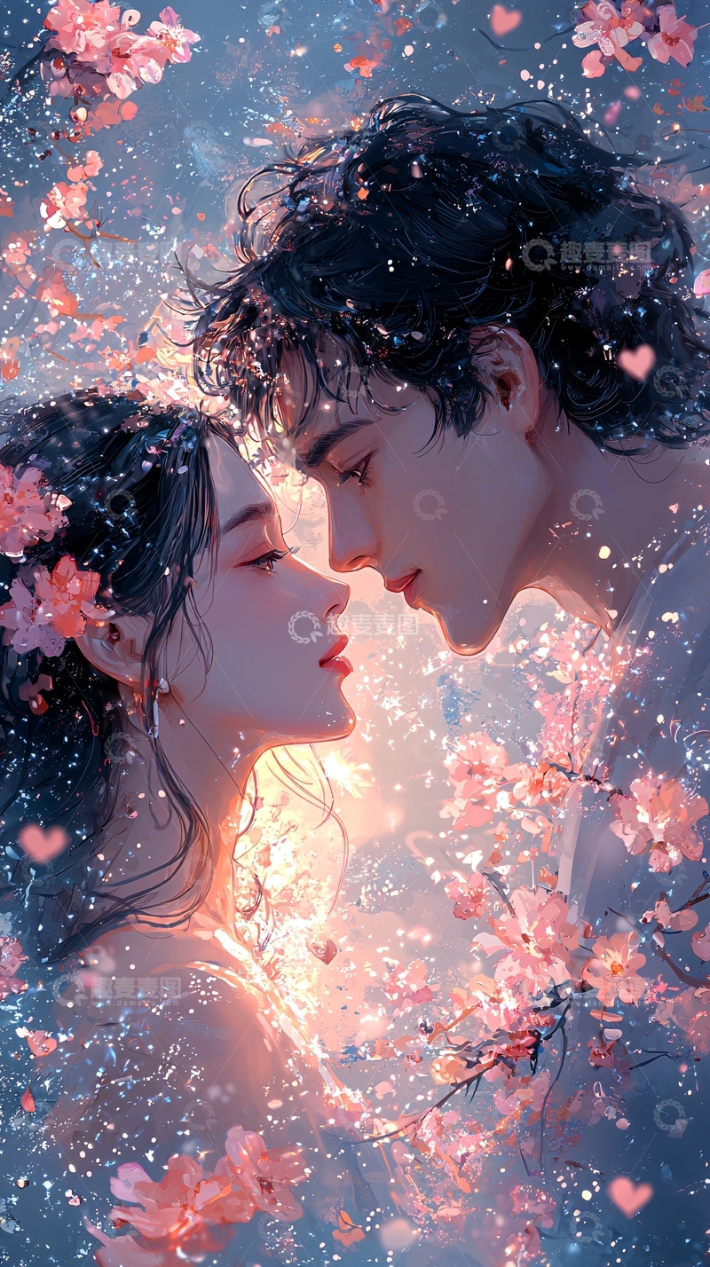 高清大图下载【趣麦麦图】唯美浪漫樱花雨中情侣