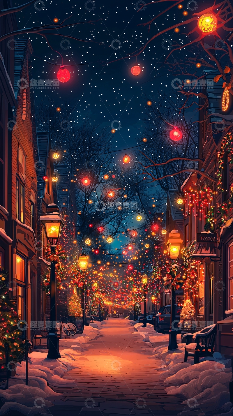 高清大图下载【趣麦麦图】冬夜雪景街道灯火辉煌