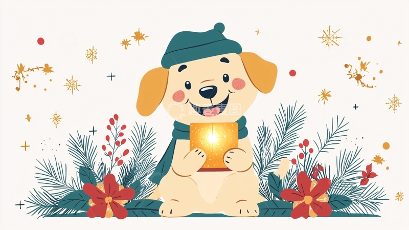 高清大图下载【趣麦麦图】卡通小狗抱着发光盒子