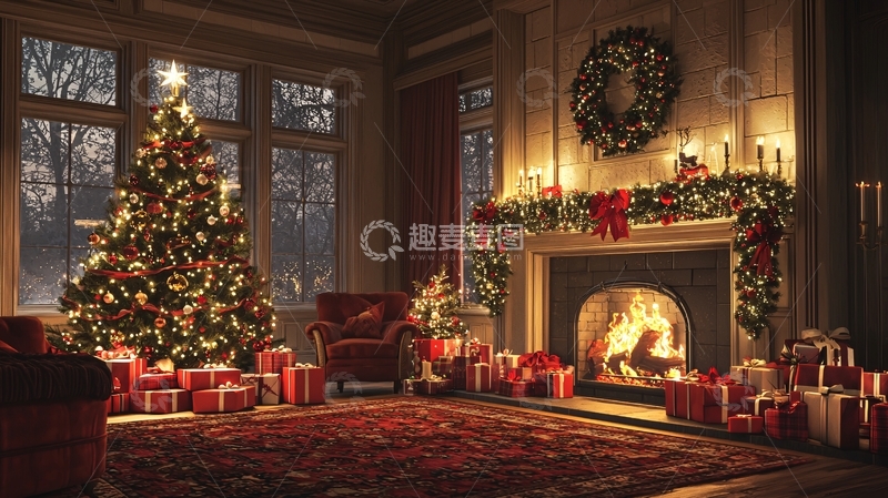 高清大图下载【趣麦麦图】温馨圣诞节壁炉客厅