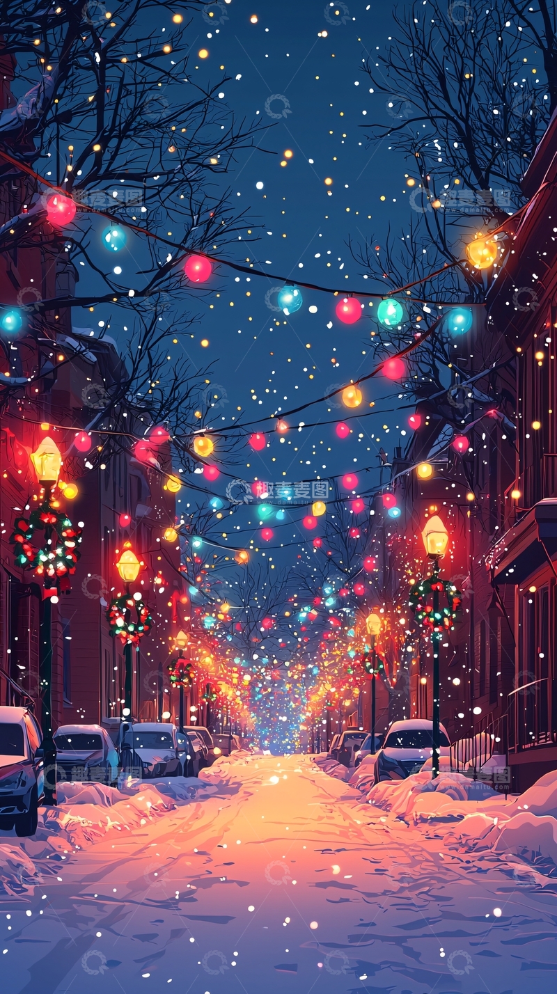 高清大图下载【趣麦麦图】冬夜雪景街道彩灯