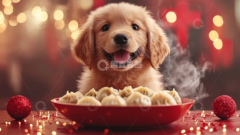 高清大图下载【趣麦麦图】金毛幼犬吃饺子