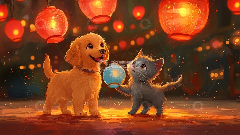 高清大图下载【趣麦麦图】小狗小猫灯笼夜色