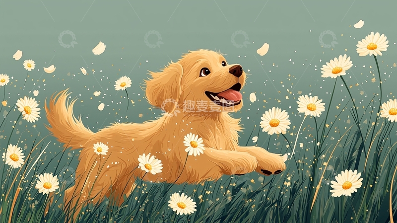 高清大图下载【趣麦麦图】金毛幼犬嬉戏雏菊花田