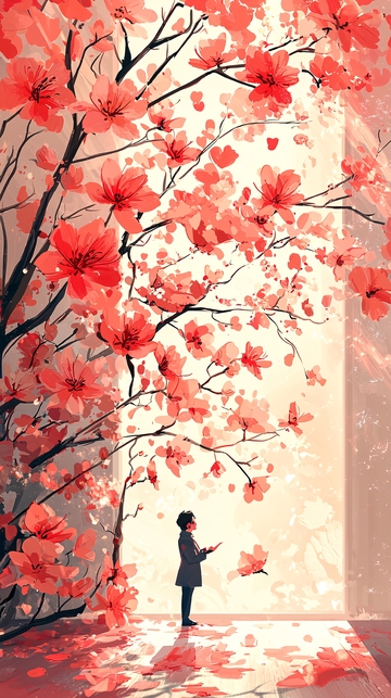 红粉樱花树下看书的人