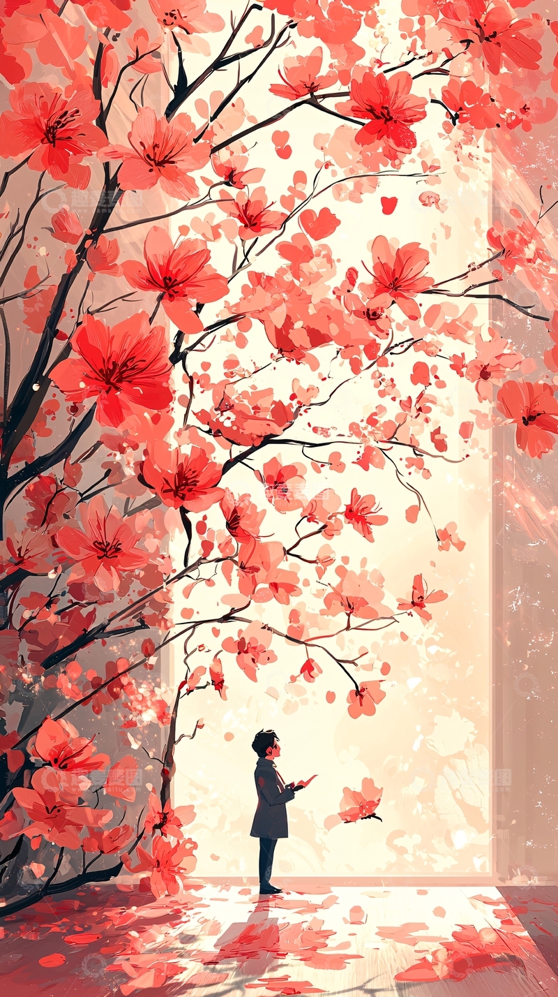 高清大图下载【趣麦麦图】红粉樱花树下看书的人