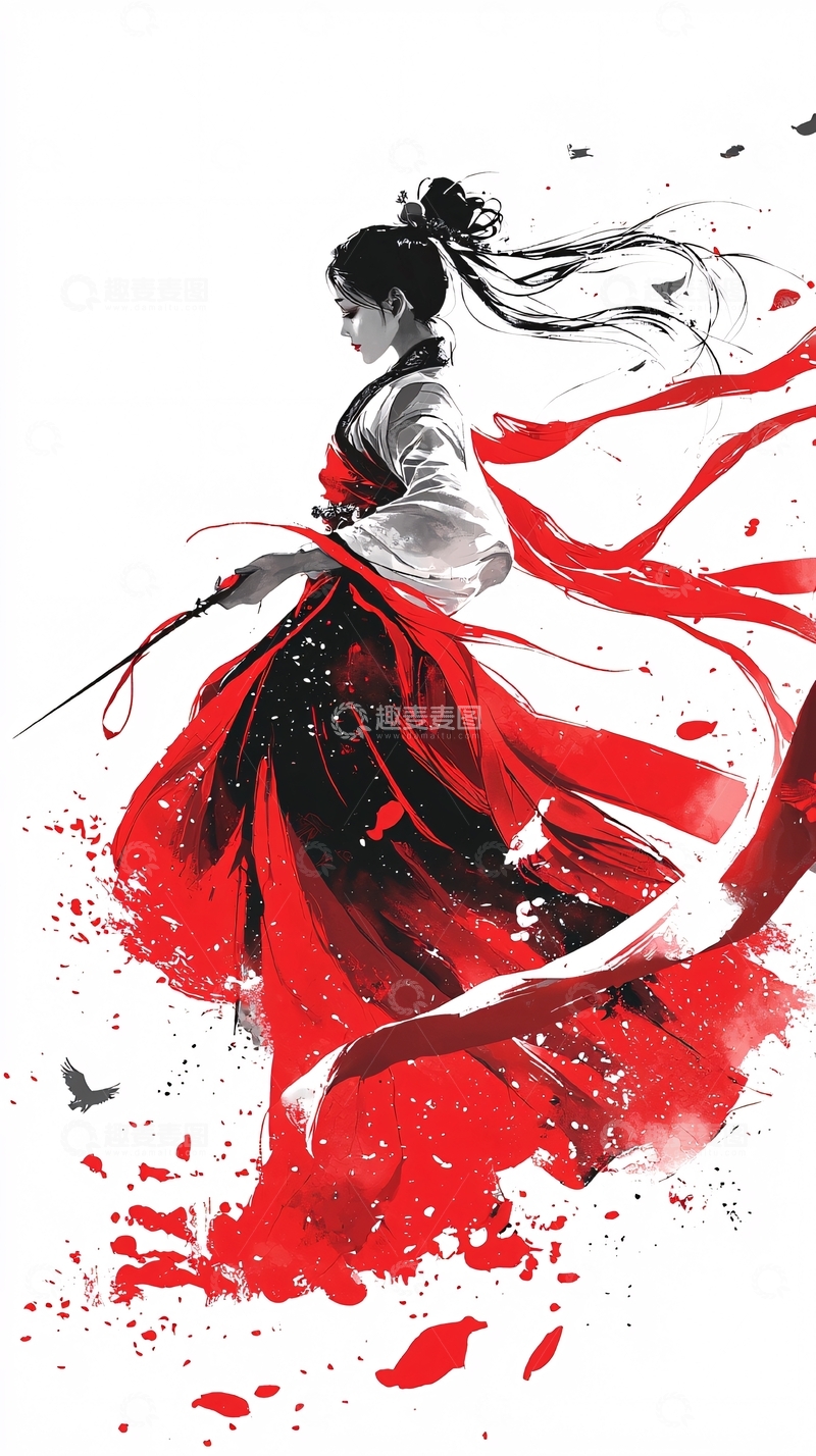 高清大图下载【趣麦麦图】红衣女子水墨画