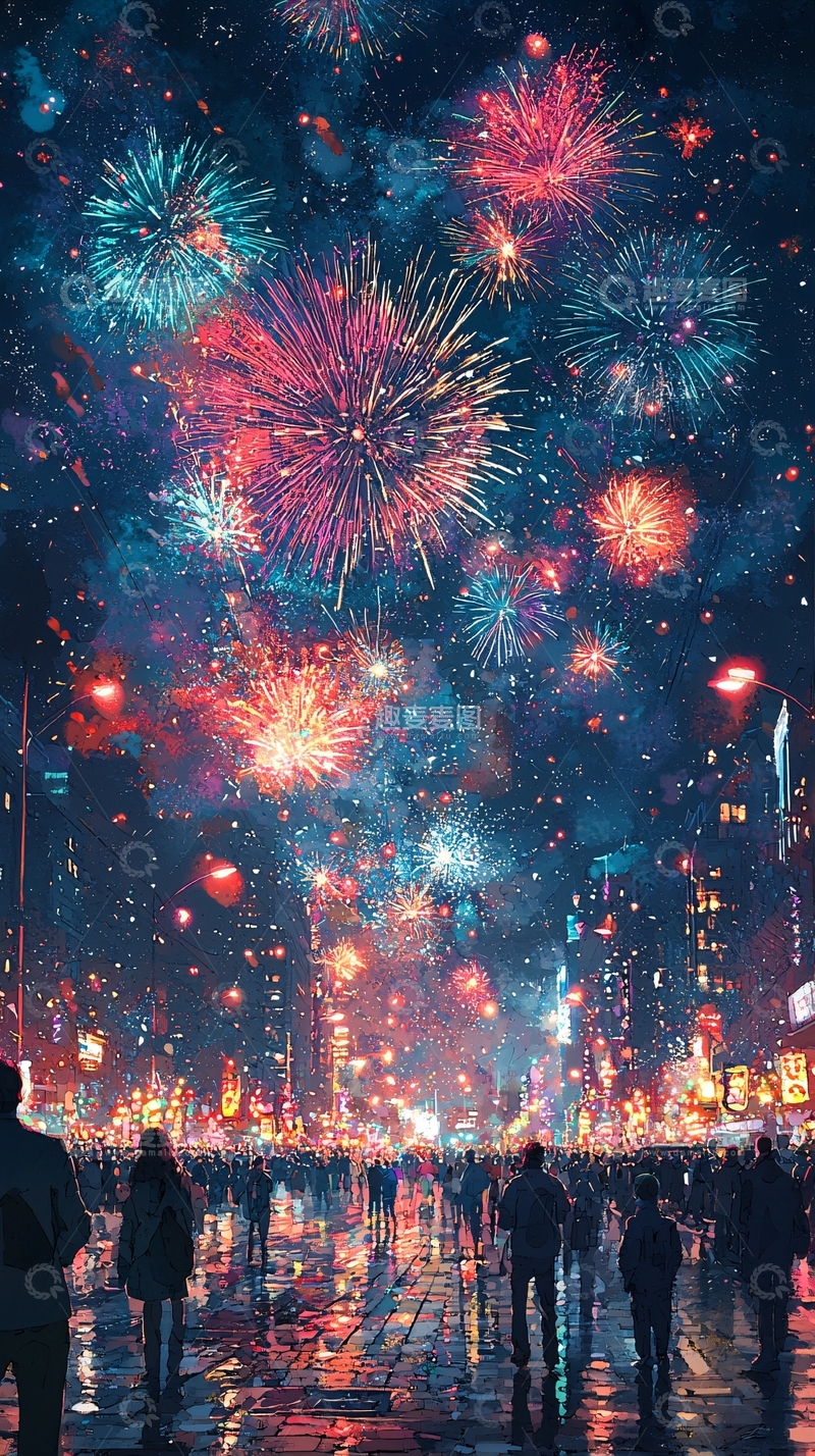 高清大图下载【趣麦麦图】绚丽烟火夜景城市