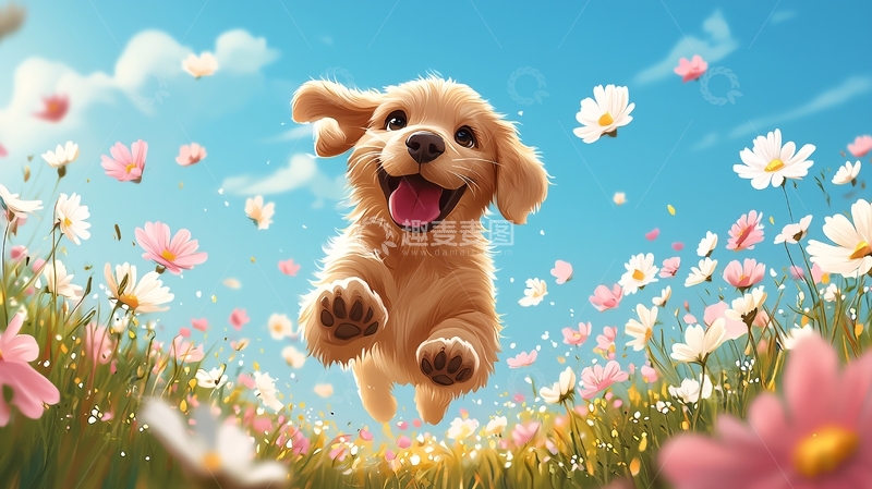 高清大图下载【趣麦麦图】金毛幼犬奔跑花田