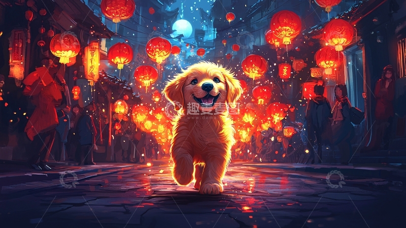 高清大图下载【趣麦麦图】金毛幼犬奔跑灯笼街道