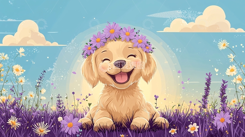 高清大图下载【趣麦麦图】戴花环的金毛幼犬