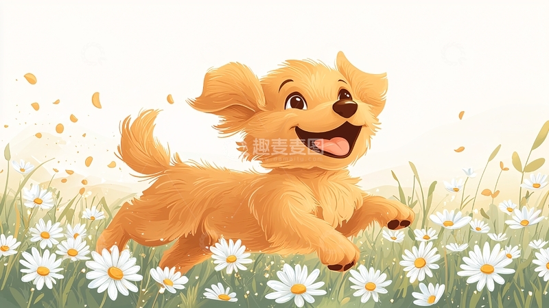 高清大图下载【趣麦麦图】金毛幼犬奔跑在雏菊花田