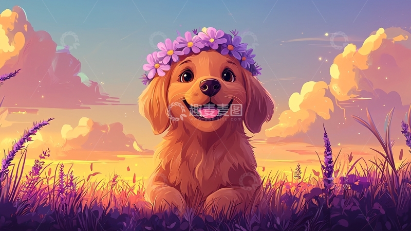 高清大图下载【趣麦麦图】戴花环的金毛幼犬