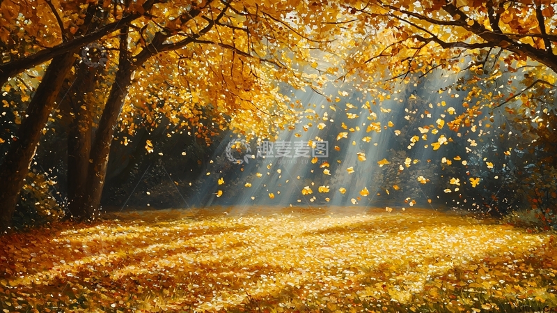高清大图下载【趣麦麦图】秋日森林阳光洒落金黄落叶