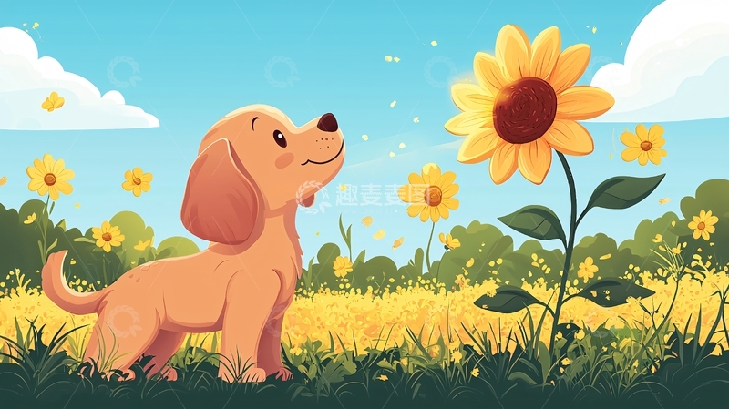 高清大图下载【趣麦麦图】小狗与向日葵的田园风光