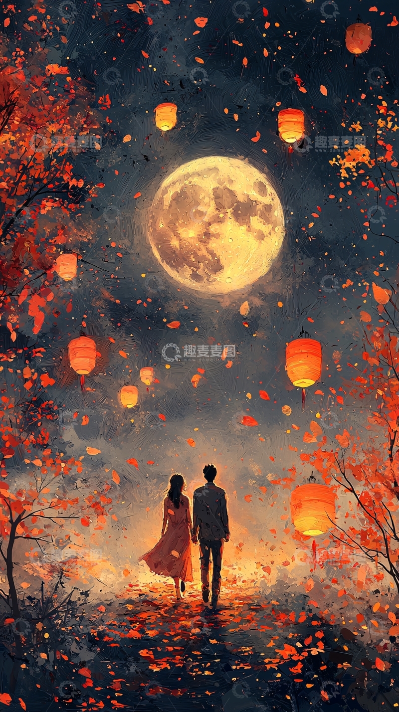 高清大图下载【趣麦麦图】月下漫步情侣