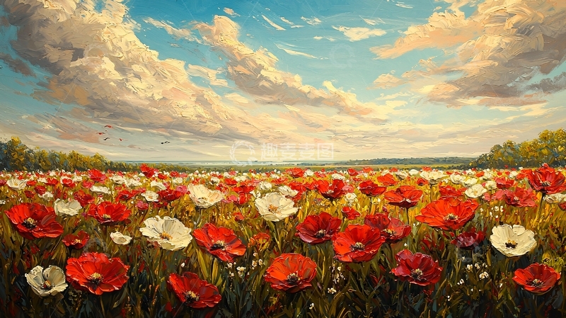高清大图下载【趣麦麦图】罂粟花田风景油画