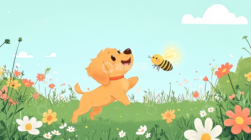 高清大图下载【趣麦麦图】小狗和蜜蜂在花丛中玩耍