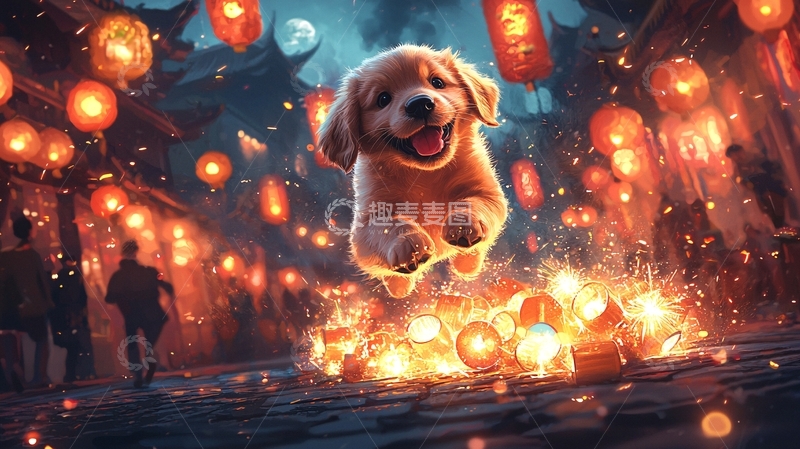高清大图下载【趣麦麦图】金毛幼犬飞跃灯火
