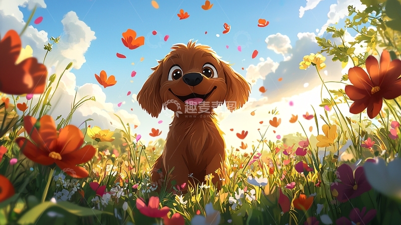 高清大图下载【趣麦麦图】小狗在花丛中玩耍