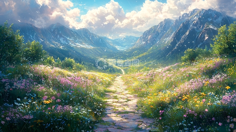 高清大图下载【趣麦麦图】山间小路鲜花盛开